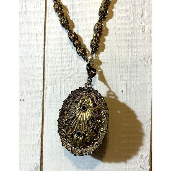 Vintage West Germany Porphyry Glass Crystal Filigree Necklace & Earrings Set - Picture 8 of 12